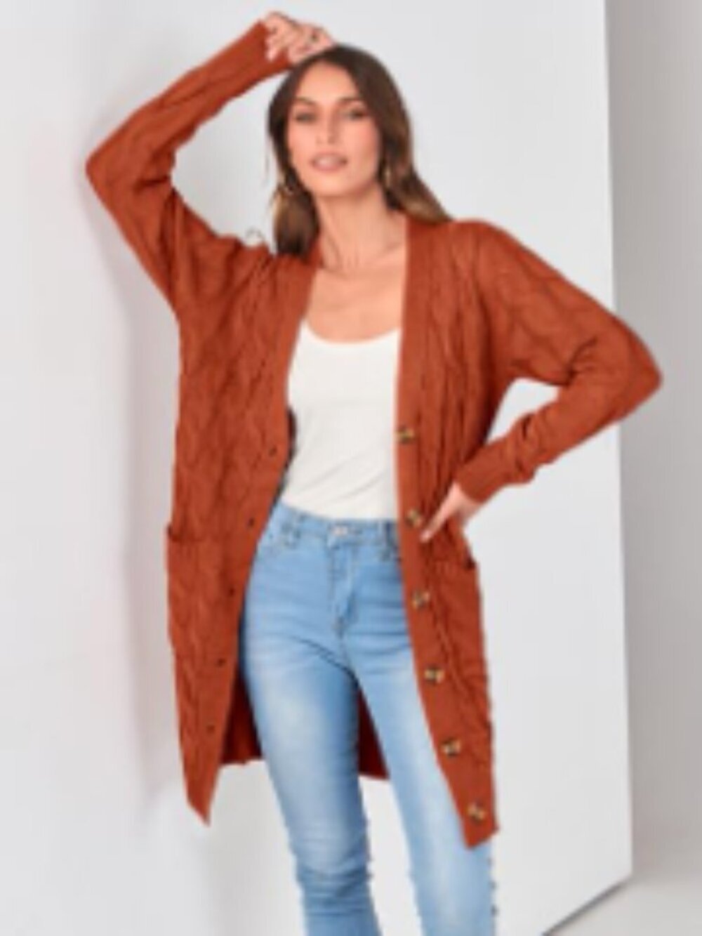 Long Cable Knit Cardigan Sweater with Pockets Open Front Button Down - Picture 3 of 7
